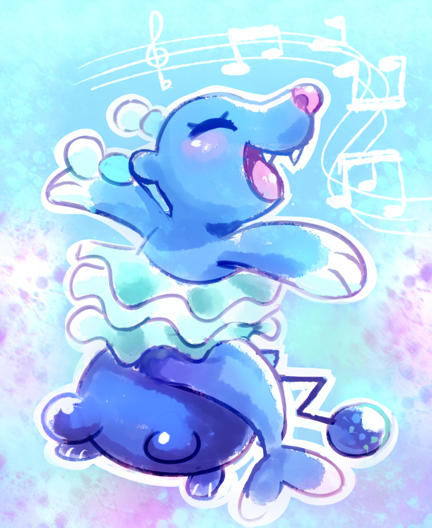 2017 ambiguous_gender blue_background blue_body blush brionne closed_eyes digital_media_(artwork) feral flavia-elric generation_2_pokemon generation_7_pokemon hi_res marill musical_note musical_symbol nintendo open_mouth open_smile pink_nose pokemon pokemon_(species) raised_arms sharp_teeth simple_background singing sitting smile solo symbol tail teeth tongue