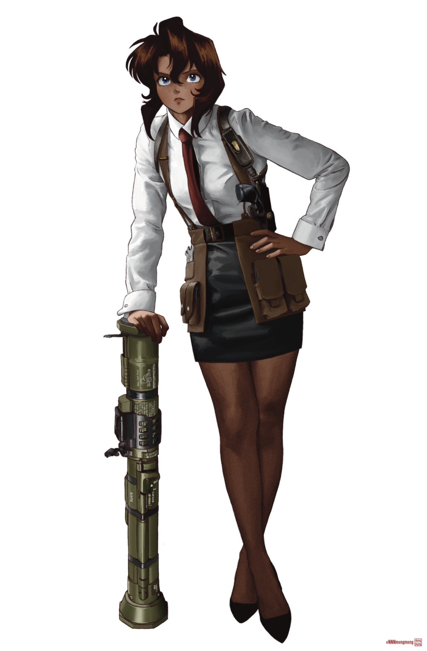 1990s_(style) at4 belt black_footwear black_hair black_skirt blue_eyes brown_belt brown_pantyhose crossed_legs cz_75 dark-skinned_female dark_skin female gun gunsmith_cats hand_on_own_hip handgun highres holding holding_gun holding_weapon holster magazine_(weapon) necktie nnnmengmeng pantyhose pencil_skirt pocket pouch rally_vincent red_necktie retro_artstyle rocket_launcher shirt short_hair shoulder_holster signature skirt solo tools twitter_username weapon white_background white_shirt wrench