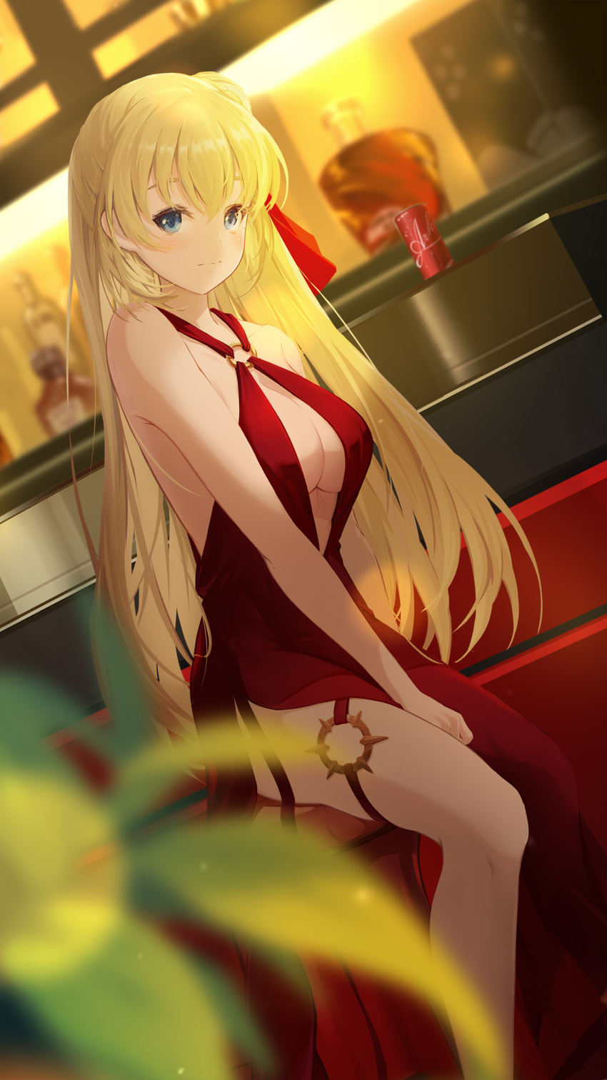 absurdres agnes_claudel alcohol bar_(place) bar_stool blonde_hair blue_eyes bottle breasts bun_with_braided_base can cleavage counter double-parted_bangs dress drink_can eiyuu_densetsu female hair_between_eyes hair_bun highres indoors kai_no_kiseki kuro_no_kiseki_(series) lancefate liquor looking_at_viewer mixed-language_commentary shelf sideboob single_hair_bun single_side_bun sitting smile soda_can solo stool whiskey wine_bottle