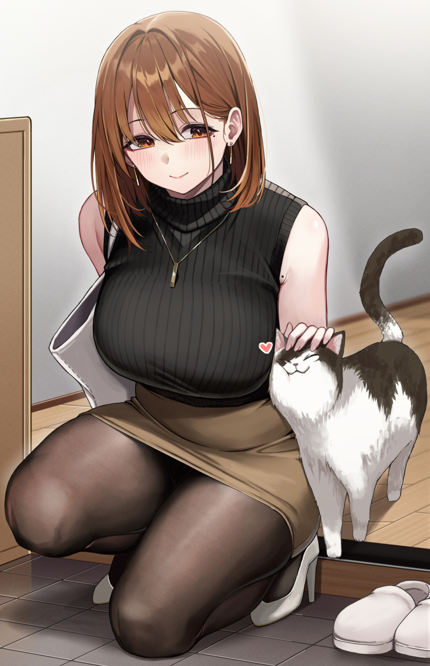 absurdres black_pantyhose black_sweater blush breasts brown_eyes brown_hair closed_mouth commentary_request feline female hand_on_animal high-waist_skirt high_heels highres kneeling large_breasts looking_at_animal mole office_lady ol-chan_(udon) original pantyhose pencil_skirt petting ribbed_sweater shirt short_hair skirt sleeveless sleeveless_shirt sleeveless_turtleneck smile sweater turtleneck turtleneck_shirt udon_(udonalium)