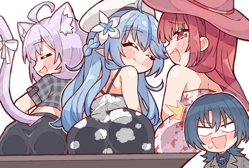 4girls against_fourth_wall against_glass alternate_costume animal_ears ass ass_press black_dress blue_hair blush_stickers cat_ears cat_girl cat_tail commentary dress english_commentary floral_print floral_print_dress flower hair_flower hair_ornament half_up_braid highres hiodoshi_ao hololive hololive_grand_theft_auto houshou_marine kukie-nyan long_hair multiple_girls nekomata_okayu oerba_yun_fang pink_dress pointy_ears purple_eyes purple_hair red_eyes red_hair short_hair tail virtual_youtuber yukihana_lamy