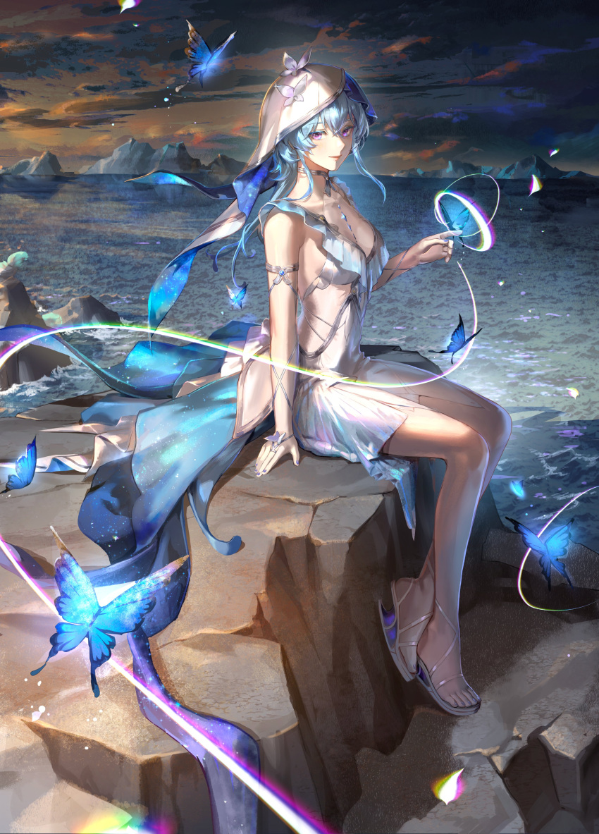 absurdres armlet bare_legs bare_shoulders blue_butterfly blue_hair blue_nails blue_veil breasts bug butterfly butterfly_on_hand colored_eyelashes commentary covered_collarbone dress feet female hair_between_eyes highres jewelry large_breasts legs looking_at_viewer nail_polish on_rock outdoors parted_lips purple_eyes sandals sitting smile solo the_shorekeeper_(wuthering_waves) toenail_polish toenails toes two-tone_veil white_dress white_veil wuthering_waves xi_liu