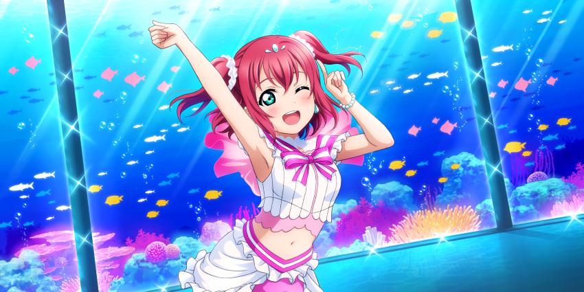 absurdres aquarium armpits bracelet costume dancing female game_cg green_eyes hair_ribbon highres idol_clothes jewelry koi_ni_naritai_aquarium kurosawa_ruby love_live! love_live!_school_idol_festival_all_stars love_live!_sunshine!! navel official_alternate_costume official_art one_eye_closed open_mouth pointing red_hair ribbon