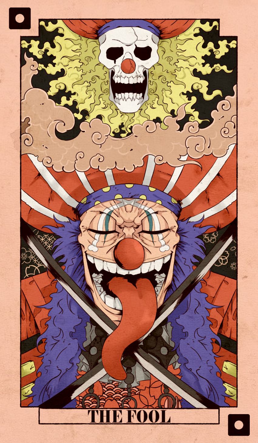 1boy buggy_the_clown card card_(medium) closed_eyes cloud clown clown_nose crack cracked_skull crossed_swords highres long_hair long_tongue makeup male_focus mawueee one_piece open_mouth red_nose skull solo sword tarot tarot_(medium) teeth the_fool_(tarot) tongue tongue_out weapon