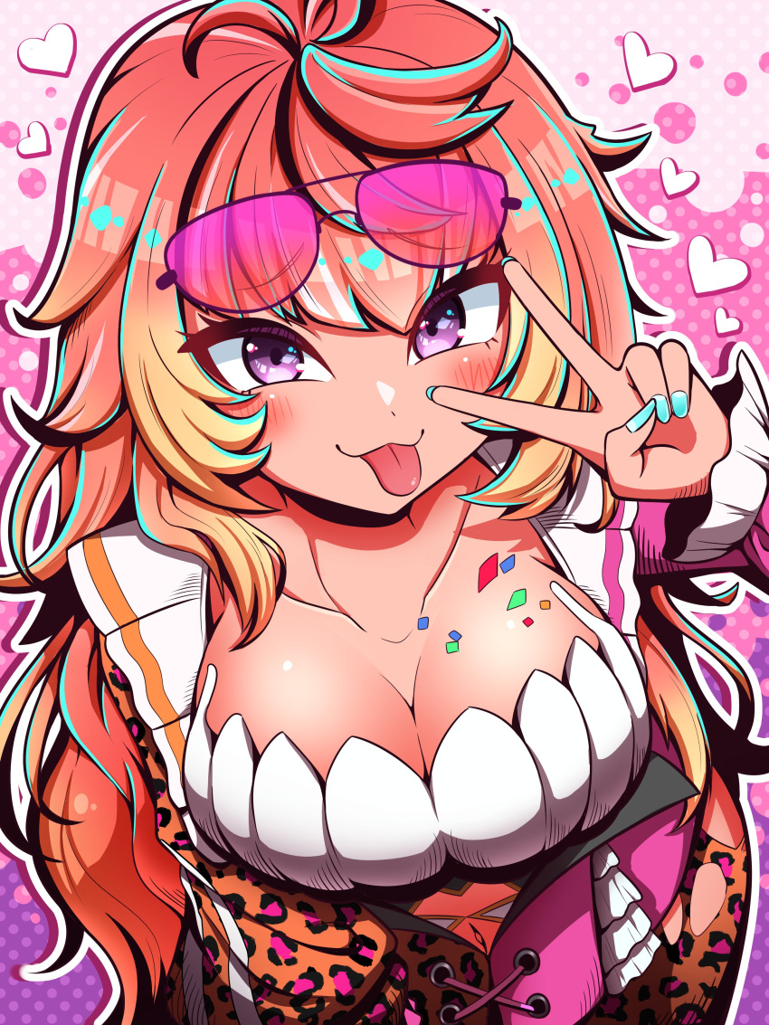 :p absurdres animal_print blonde_hair blue_hair blue_nails blush breasts cleavage collarbone coni_confetti eyelashes eyewear_on_head female from_above heart highres idol_corp leopard_print multicolored_hair naitouvrc navel orange_hair purple_eyes second-party_source solo tongue tongue_out v_over_eye virtual_youtuber