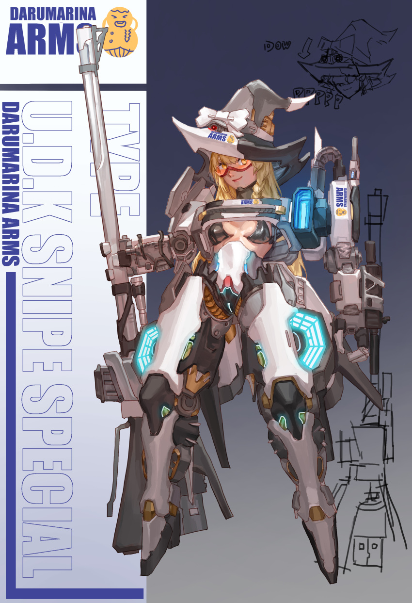 absurdres black_hat blonde_hair breasts closed_mouth commentary_request cookie_(touhou) d_tomoki female full_body glasses grey_background hat highres kirisame_marisa long_hair looking_at_viewer mecha_musume mechanization prosthesis red-framed_eyewear small_breasts smile solo thrusters touhou uzuki_(cookie) witch_hat yellow_eyes