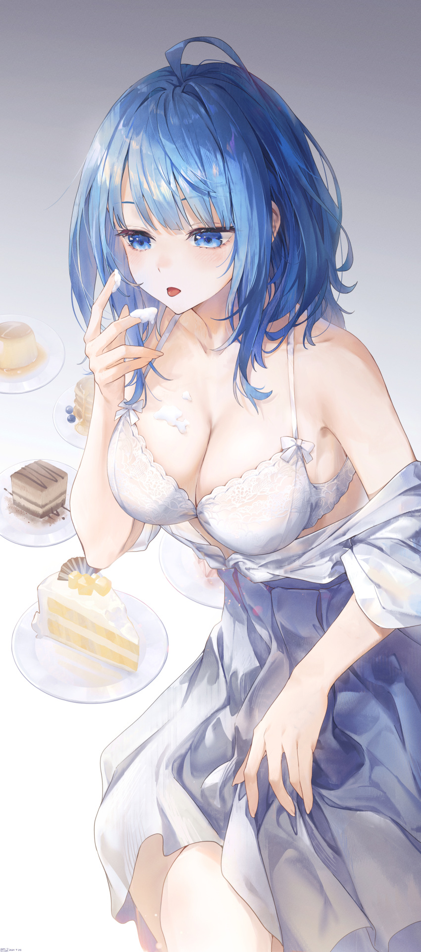 absurdres bare_shoulders blue_eyes blue_hair bra breasts cake cake_slice cleavage dress female food food_on_hand gradient_background hand_up highres medium_hair off_shoulder original parted_lips simple_background swkl:d tongue tongue_out two-tone_background underwear white_bra white_dress