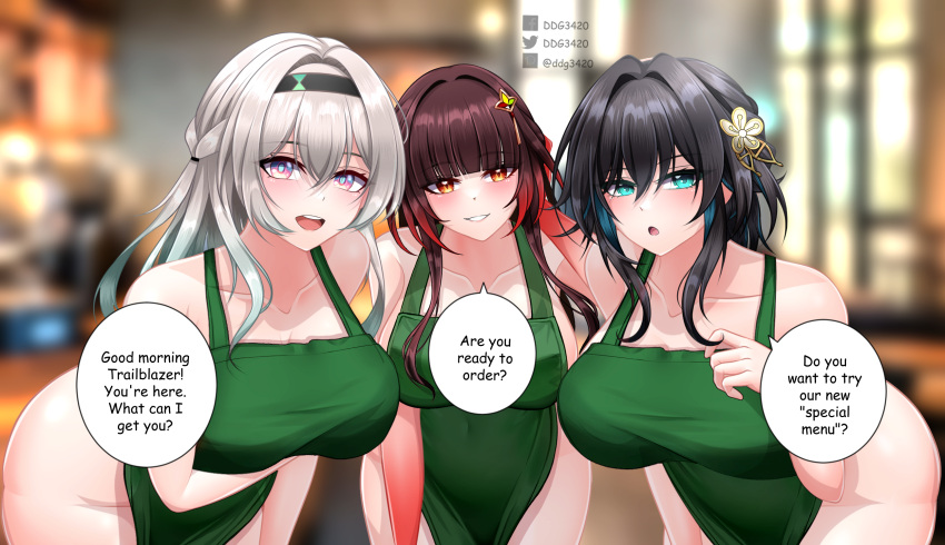 3girls ahoge apron aqua_eyes ass bare_shoulders black_hair black_hairband blunt_bangs blush breasts brown_hair colored_extremities d.d.g_(ddg3420) firefly_(honkai:_star_rail) grey_hair hair_between_eyes hair_intakes hair_ornament hairband highres honkai:_star_rail honkai_(series) large_breasts light_smile lingsha_(honkai:_star_rail) long_hair looking_at_viewer multiple_girls naked_apron naughty_face open_mouth pointy_ears red_eyes red_hands ruan_mei_(honkai:_star_rail) self-upload smile starbucks two-tone_eyes very_long_hair