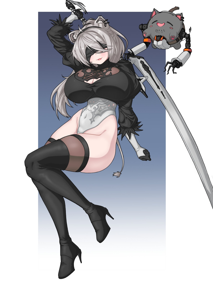 2b_(nier:automata) 2b_(nier:automata)_(cosplay) animal_ear_fluff animal_ears black_blindfold black_footwear black_gloves black_hairband blindfold boots breasts brups_tv cleavage cleavage_cutout clothing_cutout cosplay covered_navel earrings feather-trimmed_sleeves female fuse gloves hairband highres holding holding_sword holding_weapon hololive jewelry large_breasts leotard lion_ears lion_girl lion_tail long_hair nier:automata nier_(series) shishiro_botan ssrb_(shishiro_botan) sword tail thigh_boots thighhighs virtuous_contract weapon white_leotard