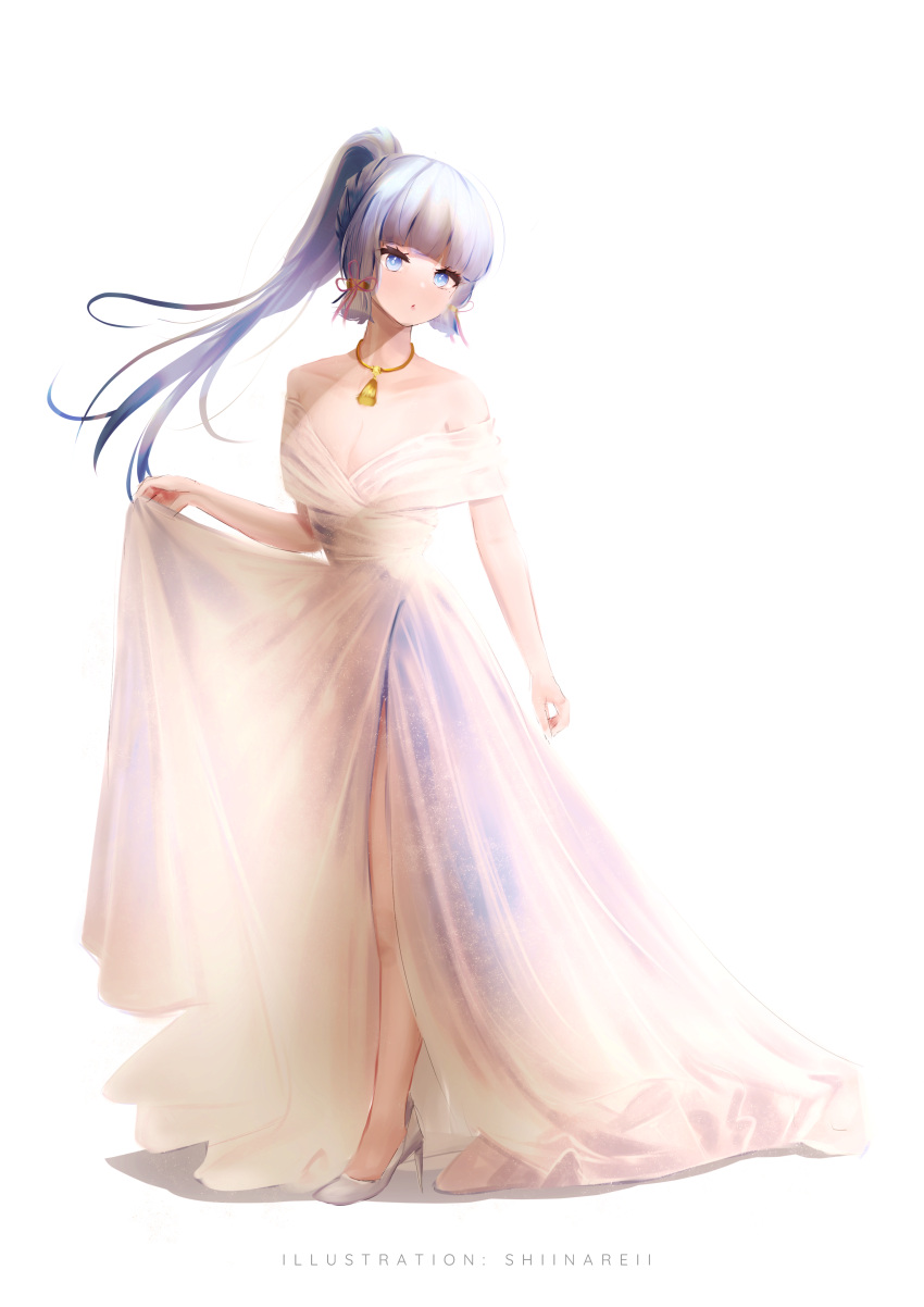 absurdres bare_shoulders blue_eyes blue_hair breasts cleavage dress female full_body genshin_impact hair_ribbon high_heels highres kamisato_ayaka looking_at_viewer off-shoulder_dress off_shoulder ponytail ribbon shiina_rei sidelocks simple_background skirt_hold tress_ribbon wedding_dress white_background white_dress