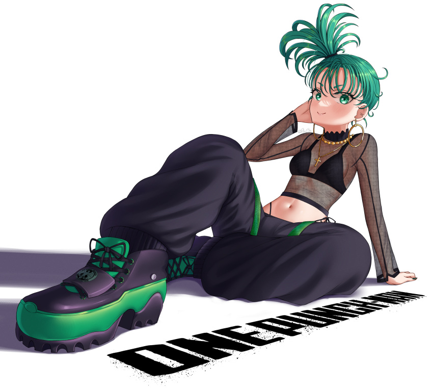 bead_necklace beads bra copyright_name earrings female green_eyes green_hair highres hoop_earrings jewelry looking_at_viewer medium_hair navel necklace one-punch_man pietrosatou punk see-through see-through_shirt shirt shoes sneakers solo tatsumaki tatsumaki_(chapter_171_cover) underwear