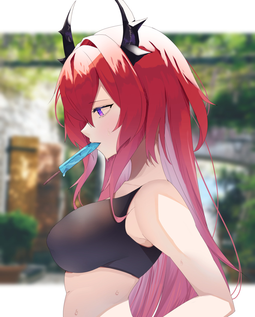 absurdres arknights blurry blurry_background breasts female food from_side highres horns kanaya604 large_breasts long_hair popsicle purple_eyes red_hair solo surtr_(arknights)