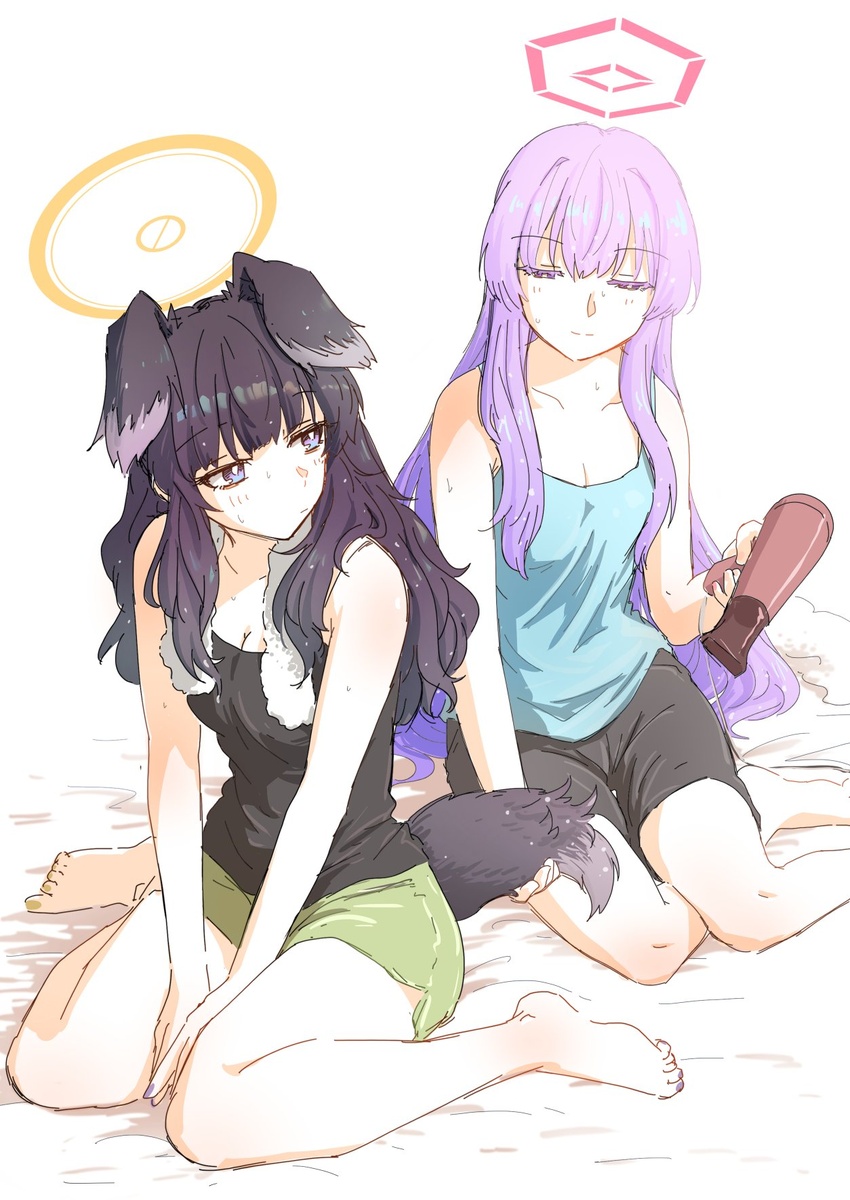 2girls animal_ears barefoot black_hair black_shorts blue_archive breasts cleavage closed_mouth dog_ears dog_girl dog_tail green_shorts hair_dryer halo hariyaa hibiki_(blue_archive) highres holding long_hair medium_breasts multiple_girls purple_eyes purple_hair shorts simple_background sitting small_breasts tail tank_top towel towel_around_neck utaha_(blue_archive) wet wet_hair yellow_halo