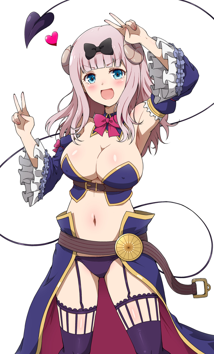 ^^^ absurdres arm_up armpits bad_id bad_pixiv_id belt bikini black_bow blue_bikini blue_eyes blue_sleeves blue_thighhighs blunt_bangs blush bow bowtie breasts brown_belt cleavage commentary_request cosplay covered_nipples cowboy_shot crisis_management_form_(machimazo) curled_horns demon_girl demon_horns demon_tail detached_collar detached_sleeves double_v eggman_(pixiv28975023) embarrassed female frilled_sleeves frills fujiwara_chika garter_straps hairbow hand_up highres horns kaguya-sama_wa_kokurasetai_~tensai-tachi_no_renai_zunousen~ kohara_konomi large_breasts long_hair looking_at_viewer machikado_mazoku navel open_mouth pink_hair red_bow red_bowtie revealing_clothes showgirl_skirt simple_background smile solo stomach strapless strapless_bikini swimsuit tail thighhighs v v_over_head voice_actor_connection waist_cape white_background wide_sleeves yoshida_yuuko_(machikado_mazoku) yoshida_yuuko_(machikado_mazoku)_(cosplay)