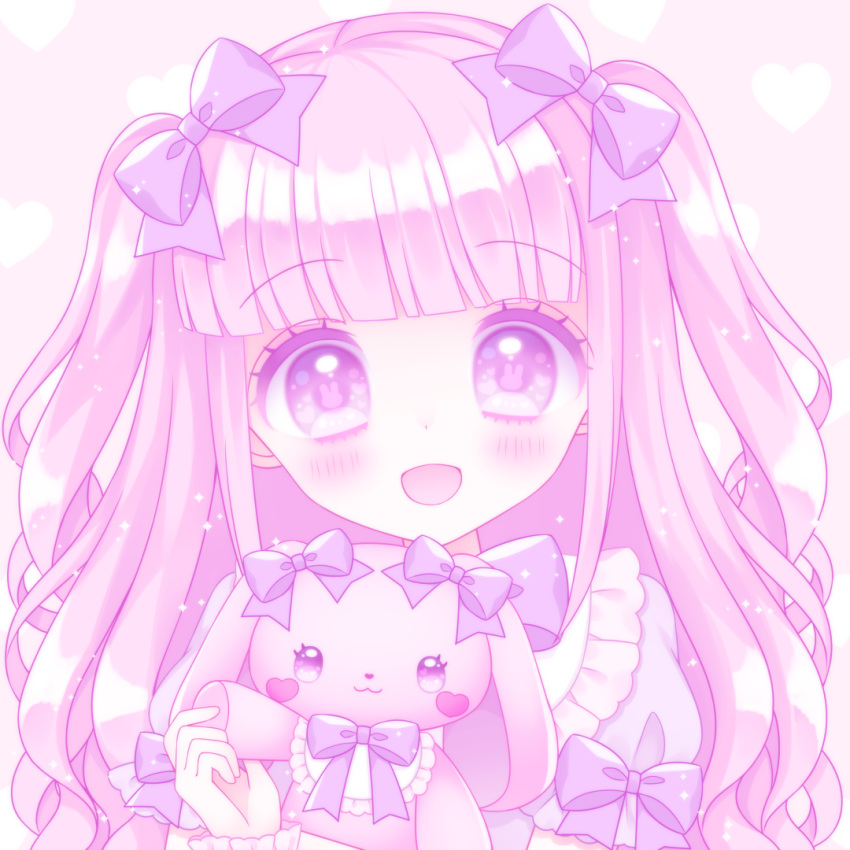 :d blush bow commentary_request dress female hairbow heart heart_background himetsuki_luna holding holding_stuffed_toy open_mouth original pink_background pink_hair puffy_short_sleeves puffy_sleeves purple_bow purple_dress purple_eyes rabbit-shaped_pupils short_sleeves smile solo stuffed_animal stuffed_rabbit stuffed_toy symbol-shaped_pupils two_side_up upper_body