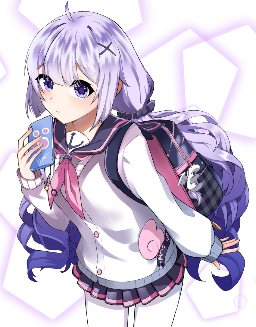 absurdres ahoge azur_lane bad_id bad_pixiv_id bag bag_charm blunt_bangs cellphone charm_(object) commentary english_commentary eyes_visible_through_hair female hair_ornament hareriya highres holding holding_phone leaning_forward long_hair looking_at_viewer low_twintails official_alternate_costume pantyhose parted_lips phone pleated_skirt purple_eyes purple_hair school_bag school_uniform serafuku sidelocks simple_background skirt smartphone solo standing stuffed_winged_unicorn twintails unicorn_(azur_lane) unicorn_(long-awaited_date)_(azur_lane) white_background white_pantyhose x_hair_ornament