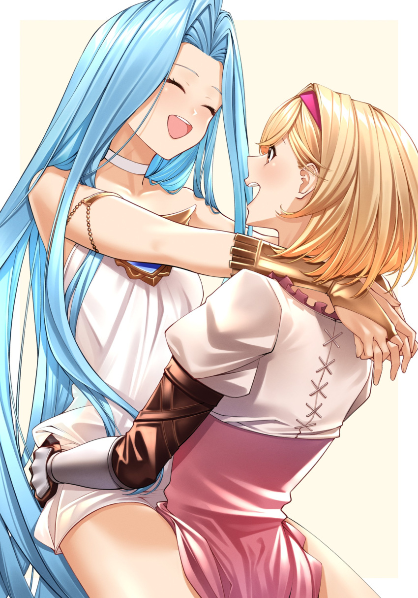 2girls absurdres ahoge arms_around_neck bare_shoulders blonde_hair blue_hair choker closed_eyes djeeta_(granblue_fantasy) dress fighter_(granblue_fantasy) gauntlets gloves granblue_fantasy hairband hands_on_another's_hips highres long_hair lyria_(granblue_fantasy) multiple_girls open_mouth short_hair simple_background smile soruna_(nell) very_long_hair white_dress yuri