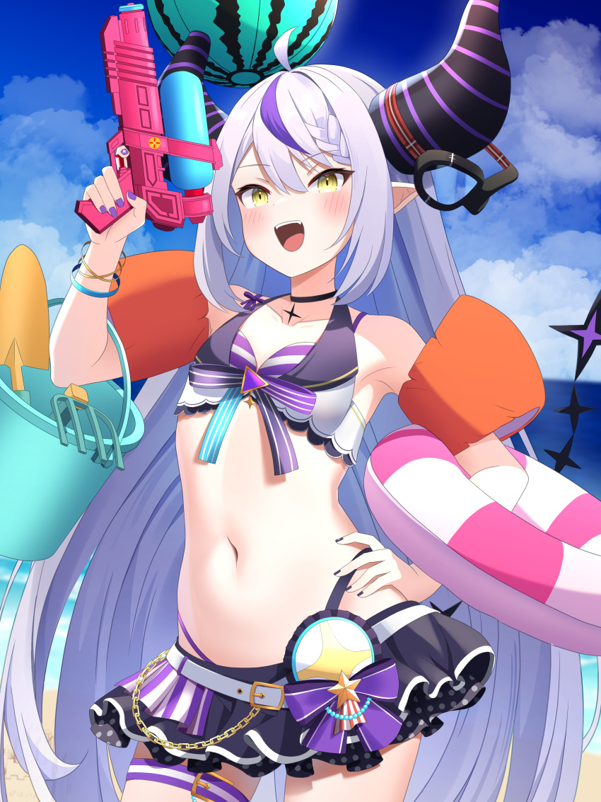 absurdres ahoge bare_shoulders beach bikini bikini_skirt black_choker blue_skirt blush braid braided_bangs choker collarbone demon_girl demon_horns demon_tail female front-tie_bikini_top front-tie_top grey_hair hair_between_eyes highleg highleg_bikini highres holding holding_water_gun hololive hololive_summer_2023_swimsuit horns kuchitani la+_darknesss layered_bikini long_hair looking_at_viewer multicolored_hair navel ocean official_alternate_costume open_mouth outdoors overskirt pointy_ears purple_hair skirt smile solo streaked_hair striped_bikini striped_clothes striped_horns swimsuit tail thigh_strap very_long_hair virtual_youtuber water_gun white_bikini yellow_eyes