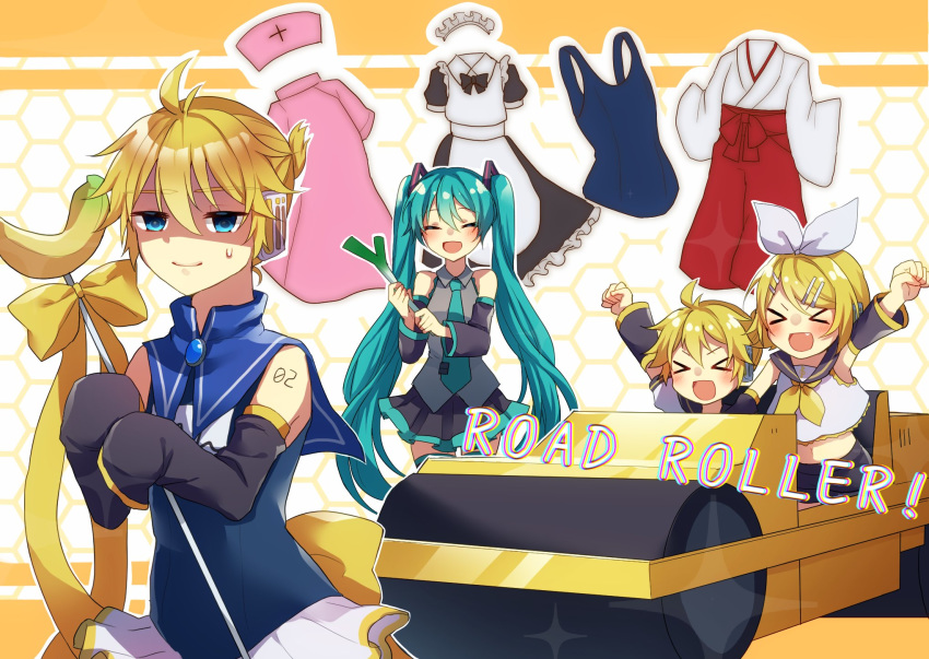 >_< 1boy 2girls apron aqua_hair aqua_necktie arm_warmers arms_up aryuma772 banana bare_shoulders black_dress black_sailor_collar black_skirt black_sleeves blonde_hair blue_collar blue_eyes bow collar commentary countdown crop_top detached_sleeves dress food fruit grey_shirt ground_vehicle hair_ornament hairbow hairclip hat hatsune_miku headphones highres holding holding_food holding_spring_onion holding_vegetable japanese_clothes kagamine_len kagamine_len_no_bousou_(vocaloid) kagamine_rin long_hair machinery magical_boy maid maid_apron maid_headdress miko miniskirt motor_vehicle multiple_girls neckerchief necktie nurse nurse_cap one-piece_swimsuit open_mouth outstretched_arm pink_dress pleated_skirt sailor_collar school_uniform shaded_face shirt short_hair short_ponytail shoulder_tattoo skirt sleeveless sleeveless_shirt sleeves_past_fingers sleeves_past_wrists smile spiked_hair spring_onion staff steamroller sweat swept_bangs swimsuit tattoo thighhighs twintails vegetable very_long_hair vocaloid white_apron white_bow white_shirt yellow_neckerchief zettai_ryouiki