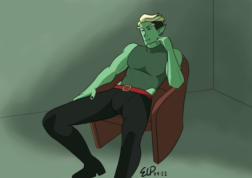 alternative_fashion blonde_hair bottomwear chair clothing drawfee_(copyright) drawtectives ear_piercing evelynn_draws fishnet_clothing fishnet_topwear footwear furniture goth gyorik_rogdul hair humanoid humanoid_pointy_ears male not_furry on_model orc pants piercing shoes solo topwear