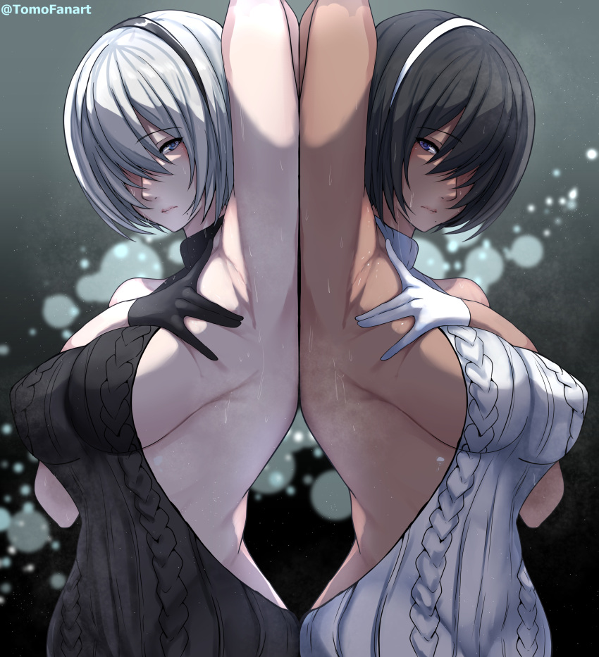 2b_(nier:automata) 2girls 2p_(nier:automata) absurdres arm_up armpits black_gloves black_hair black_hairband black_sweater black_vs_white breasts closed_mouth commentary commission dark-skinned_female dark_skin english_commentary gloves grey_hair hairband highres large_breasts looking_at_viewer meme_attire mole mole_under_mouth multiple_girls nier:automata nier_(series) no_blindfold presenting_armpit sideboob sweat sweater sweaty_armpits tomodachi_(tomofanart) variant_set virgin_killer_sweater white_gloves white_hair white_hairband white_sweater