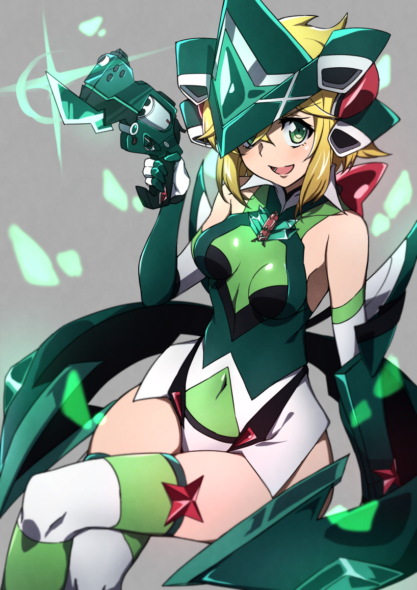 akatsuki_kirika blonde_hair blush breasts cosplay covered_navel female green_eyes green_leotard gun handgun headgear highres kagari_liroi leotard looking_at_viewer medium_breasts open_mouth revolver senki_zesshou_symphogear shiny_clothes shiny_skin short_hair sitting smile solo striped_clothes striped_thighhighs thighhighs weapon yukine_chris yukine_chris_(cosplay)