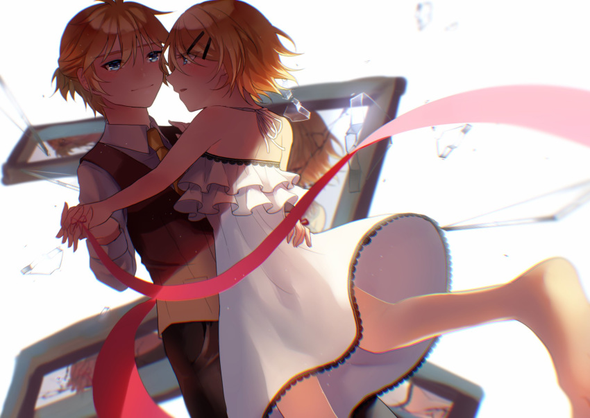 1boy adolescence_(vocaloid) aryuma772 blonde_hair brown_vest commentary countdown cowboy_shot dancing dress dutch_angle female hair_ornament hairclip half-closed_eyes highres holding_hands kagamine_len kagamine_rin layered_camisole looking_at_another necktie ribbon shirt short_hair short_ponytail sleeveless sleeveless_dress smile spaghetti_strap string string_of_fate swept_bangs vest vocaloid white_background white_dress white_shirt yellow_necktie