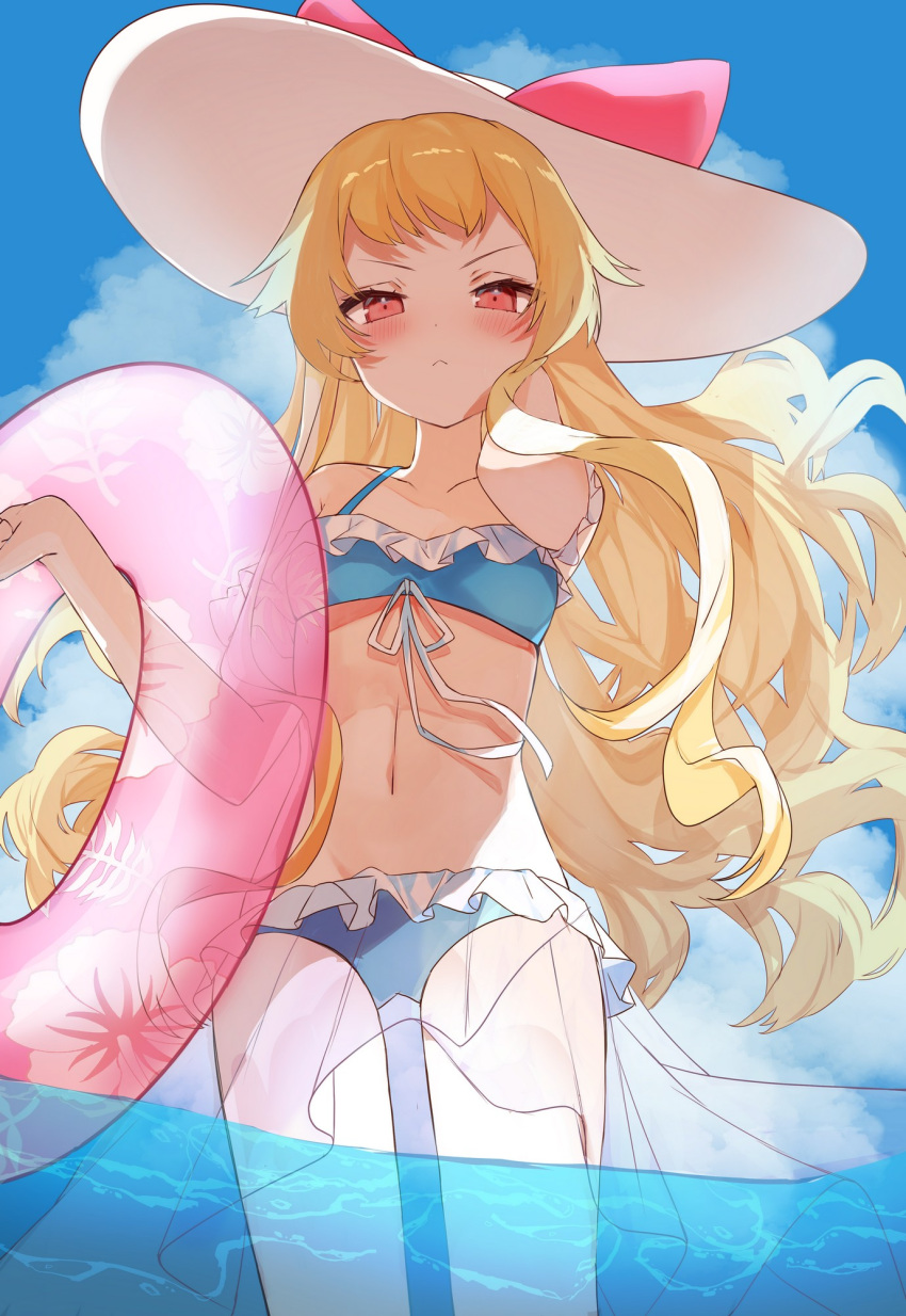 :< alternate_costume azur_lane bikini blonde_hair blue_bikini blush breasts cloud cloudy_sky commission commissioner_upload female groin hat highres jenkins_(azur_lane) lifebuoy lion2610 long_hair looking_at_viewer navel on_water pink_ribbon red_eyes ribbed_hat ribbon skeb_commission sky small_breasts solo swim_ring swimsuit swimsuit_skirt water wavy_hair