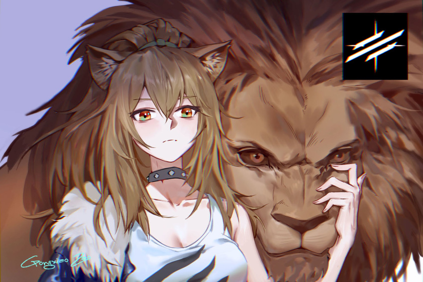 animal_ear_fluff animal_ears arknights artist_name bare_shoulders black_jacket breasts brown_eyes brown_hair chinese_commentary choker cleavage commentary_request female fur-trimmed_jacket fur_trim gongxiao_zao hair_between_eyes jacket lion lion_ears long_hair looking_at_viewer medium_breasts partial_commentary photoshop_(medium) purple_background siege_(arknights) signature simple_background tank_top upper_body white_tank_top