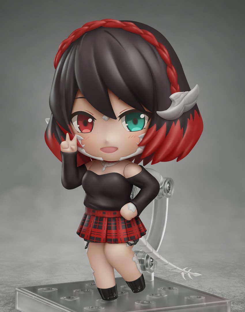 aqua_eyes black_footwear black_hair blush borrowed_character chibi commission eyebrows faux_figurine female full_body hand_on_own_hip heterochromia highres looking_at_viewer multicolored_hair nendoroid open_mouth original red_eyes red_hair red_skirt shiori2525 short_hair skirt smile solo v