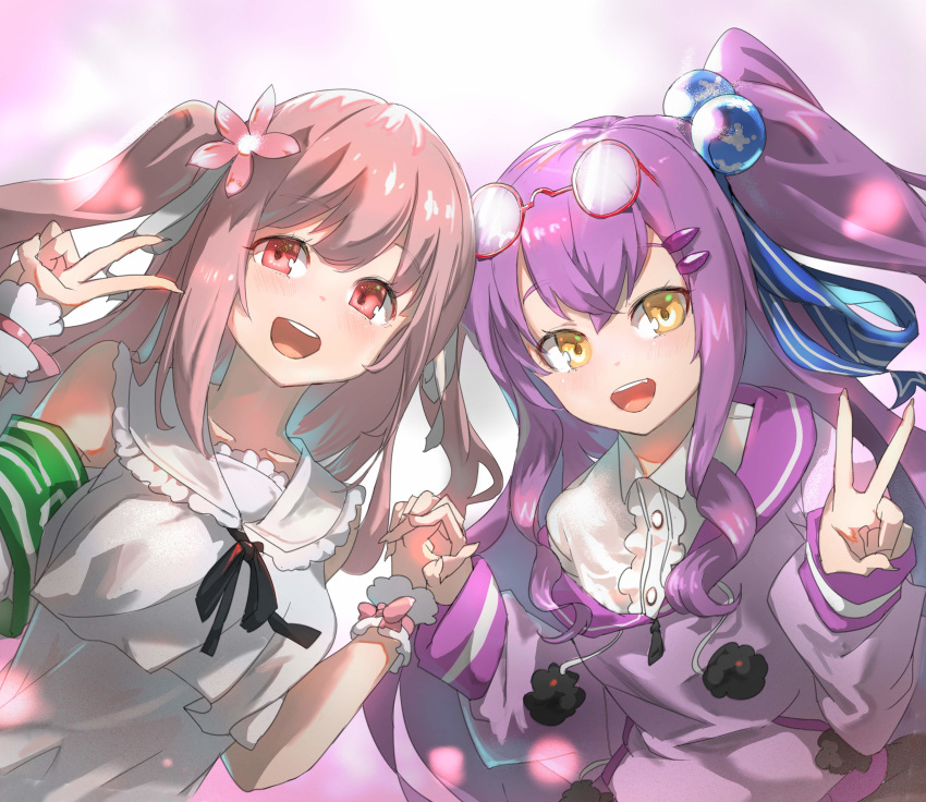 2girls absurdres breasts collarbone collared_shirt dress eyebrows_hidden_by_hair eyewear_on_head flower glasses hair_flower hair_ornament highres hinomori_anzu holding_hands indie_virtual_youtuber kohanai_momomi looking_at_viewer medium_breasts multiple_girls open_mouth pink_eyes pink_flower purple_hair round_eyewear ryuugan sailor_collar sailor_dress shirt side_ponytail two_side_up v virtual_youtuber yellow_eyes