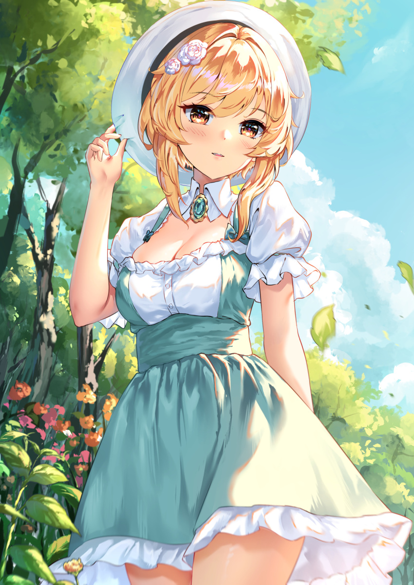 beret blonde_hair blue_skirt blue_sky blush breasts brown_eyes brown_flower chahei cleavage cloud day female flower frilled_skirt frills genshin_impact hair_between_eyes hair_flower hair_ornament hand_up hat highres lumine_(genshin_impact) medium_breasts outdoors parted_lips pink_flower puffy_short_sleeves puffy_sleeves shirt short_sleeves skirt sky solo suspender_skirt suspenders tree white_flower white_hat white_shirt