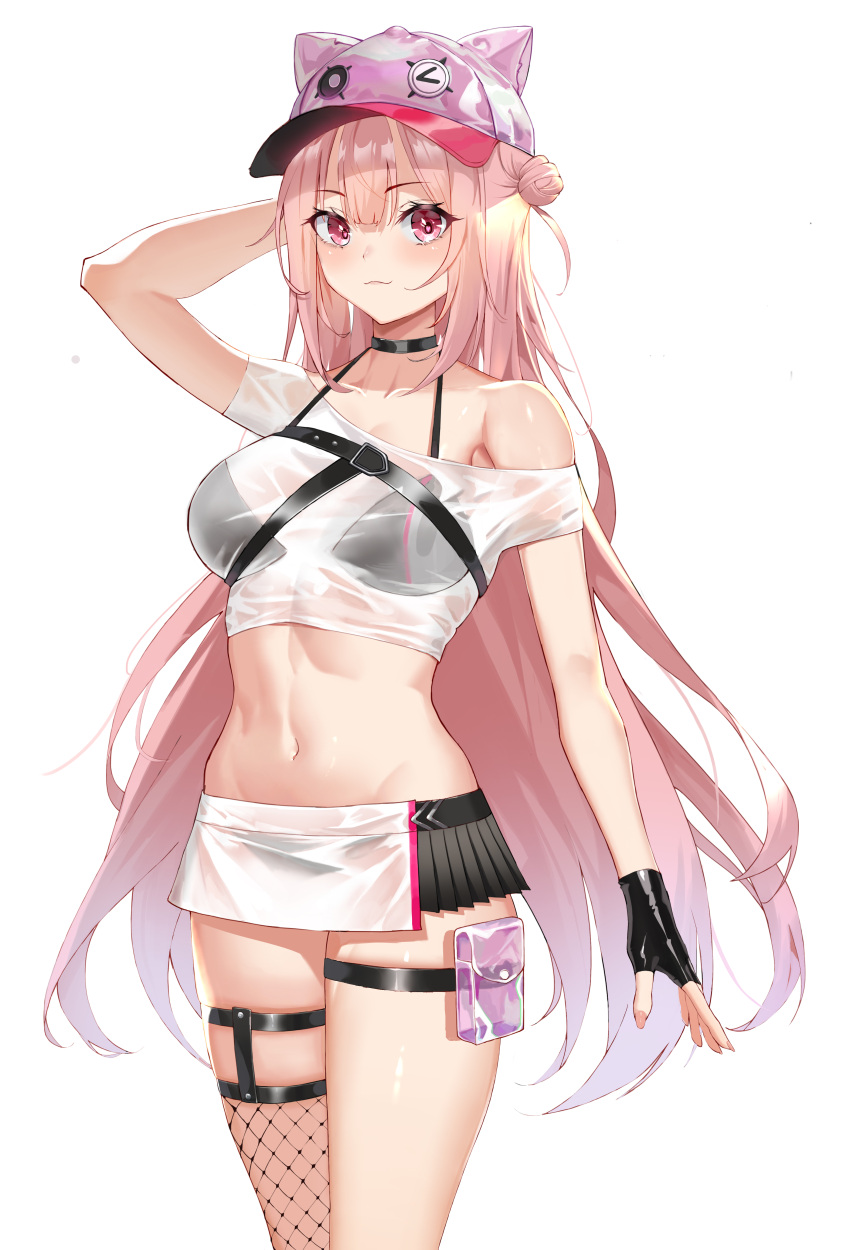 absurdres animal_ear_headwear animal_ears arm_up bare_shoulders baseball_cap bikini bikini_under_clothes black_bikini black_gloves blush breasts cowboy_shot crop_top fake_animal_ears female fingerless_gloves fishnet_thighhighs fishnets girls'_frontline gloves groin hair_bun hat highres large_breasts long_hair looking_at_viewer microskirt midriff navel off-shoulder_shirt off_shoulder official_alternate_costume pink_eyes pink_hair pink_hat pouch revision shirt short_sleeves simple_background single_hair_bun single_thighhigh skirt solo standing stomach swimsuit thigh_strap thighhighs thighs ukm-2000_(girls'_frontline) ukm-2000_(soda_tale)_(girls'_frontline) very_long_hair wet wet_clothes wet_shirt white_background white_shirt zest_(watts99)