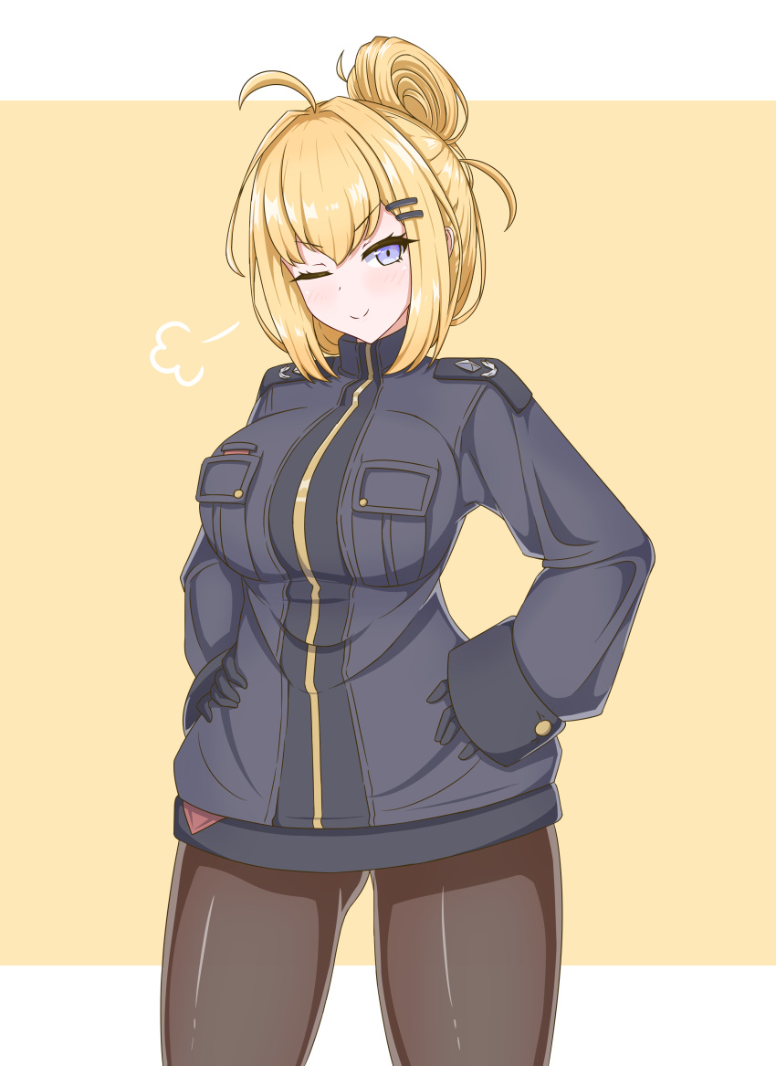 absurdres ahoge black_gloves blonde_hair blue_eyes blush breasts commission doyagao female gloves habetrot_(last_origin) hair_bun hair_ornament hairclip hands_on_own_hips highres jacket korean_commentary large_breasts last_origin looking_at_viewer one_eye_closed pantyhose pixiv_commission single_hair_bun smile smug solo soranotsuno