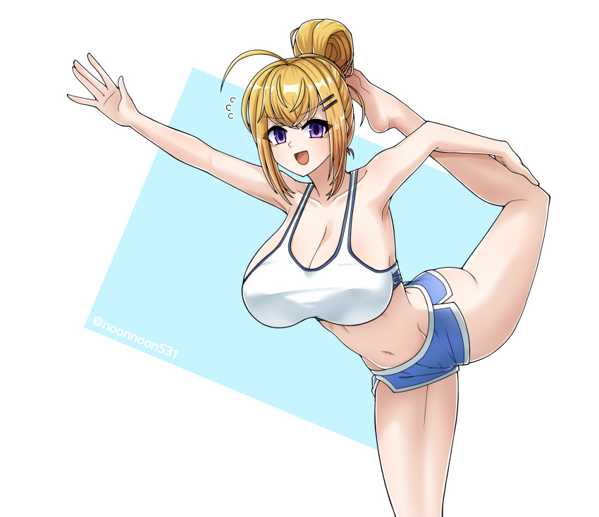 :d absurdres ahoge balancing bare_legs barefoot blonde_hair blue_background blue_shorts breasts cleavage collarbone commission cowboy_shot crop_top dolphin_shorts female flexible flying_sweatdrops foot_out_of_frame groin gym_shorts habetrot_(last_origin) hair_bun hair_ornament hairclip highres huge_breasts last_origin leg_up looking_at_viewer midriff navel noonnoon531 open_mouth outstretched_arm outstretched_hand pixiv_commission purple_eyes short_shorts shorts simple_background single_hair_bun smile solo split sports_bra standing standing_on_one_leg standing_split stretching sweatdrop twitter_username two-tone_background white_background white_sports_bra yoga