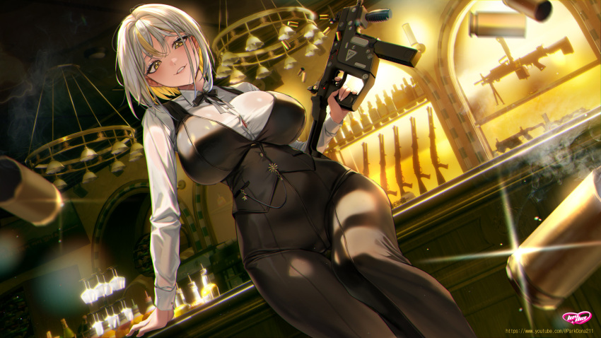 alcohol bar_(place) barrel black_pants black_ribbon black_vest blonde_hair breasts chandelier cup female gun highres holding holding_gun holding_weapon indoors kriss_vector large_breasts long_sleeves luvdia multicolored_hair neck_ribbon official_art pants park_dona parted_lips pinkmill ribbon shell_casing short_hair smoke sparkle submachine_gun vest virtual_youtuber weapon white_hair yellow_eyes