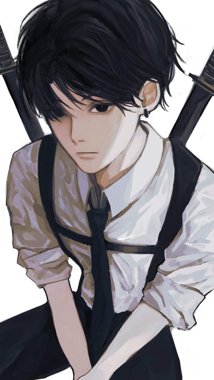 1boy black_eyes black_hair black_necktie chainsaw_man closed_mouth earrings highres inuo_(inuo_x) invisible_chair jewelry katana kishibe_(chainsaw_man) kishibe_(young)_(chainsaw_man) male_focus necktie scabbard sheath sheathed simple_background sitting sleeves_rolled_up solo sword weapon white_background