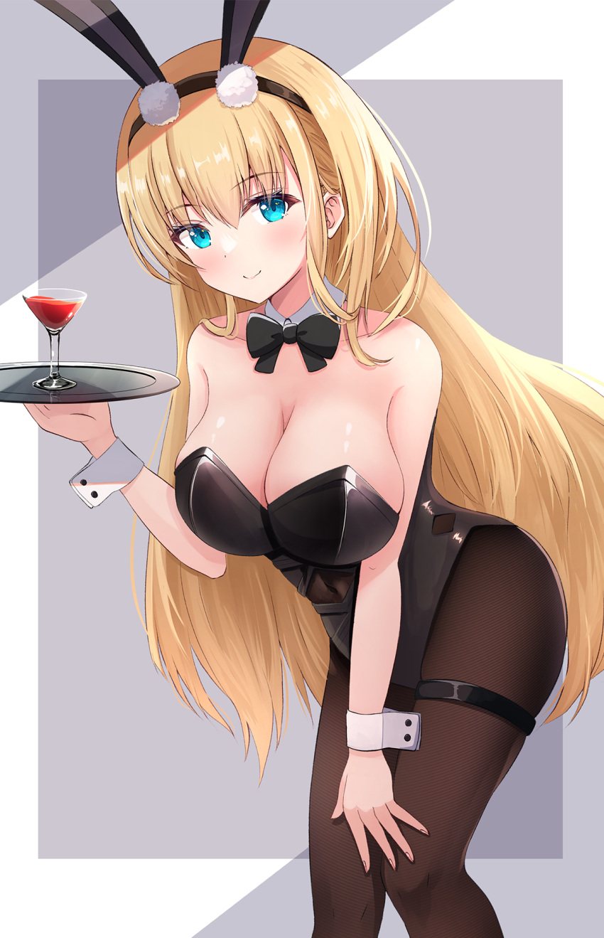 animal_ears azur_lane bare_shoulders black_leotard blonde_hair blue_eyes bow bowtie breasts brown_pantyhose cleavage commentary_request detached_collar fake_animal_ears female hairband hand_on_own_knee highres hikkyou holding large_breasts leotard long_hair looking_at_viewer north_carolina_(azur_lane) north_carolina_(the_heart's_desire)_(azur_lane) official_alternate_costume pantyhose playboy_bunny rabbit_ears smile solo standing strapless strapless_leotard thigh_strap tray very_long_hair wrist_cuffs