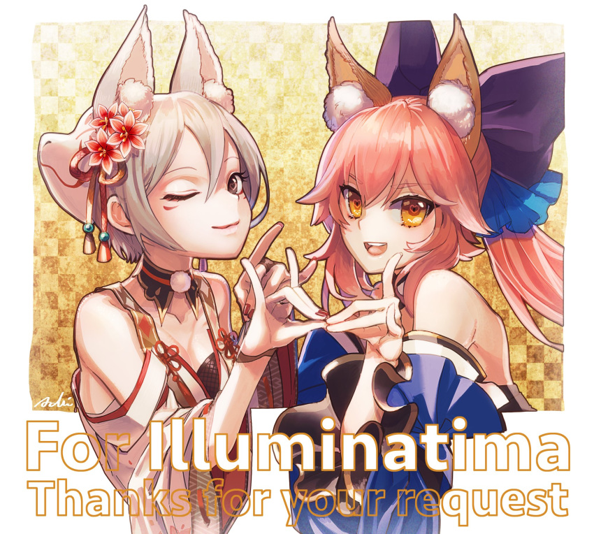 2girls animal_ear_fluff animal_ears bare_shoulders blue_kimono breasts brown_eyes commission crossover detached_collar english_commentary facial_mark fate/extra fate/grand_order fate_(series) flower fox_ears fox_girl fox_mask fox_shadow_puppet fox_shadow_puppet_kiss grey_hair hair_flower hair_ornament heart heart-shaped_pupils highres idolmaster idolmaster_cinderella_girls idolmaster_cinderella_girls_starlight_stage isagiyo japanese_clothes kanzashi kimono looking_at_viewer mask mask_on_head medium_breasts mixed-language_commentary multiple_girls one_eye_closed open_mouth orange_eyes pink_hair ponytail red_nails second-party_source shiomi_syuko short_hair skeb_commission smile split_ponytail symbol-shaped_pupils tamamo_(fate) tamamo_no_mae_(fate/extra) teeth upper_body upper_teeth_only wide_sleeves