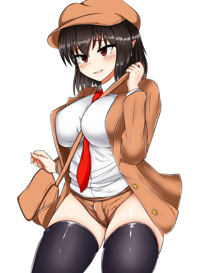 adapted_costume alternate_costume bag black_hair black_thighhighs breasts brown_bag brown_eyes brown_hat brown_jacket brown_shorts cabbie_hat collared_shirt commentary_request curvy female flat_cap hat highres isshin_(sasayamakids) jacket large_breasts long_sleeves messenger_bag necktie open_mouth pointy_ears red_necktie shameimaru_aya shameimaru_aya_(newsboy) shirt short_shorts shorts shoulder_bag simple_background skindentation solo suit_jacket textless_version thighhighs thighs touhou white_background white_shirt