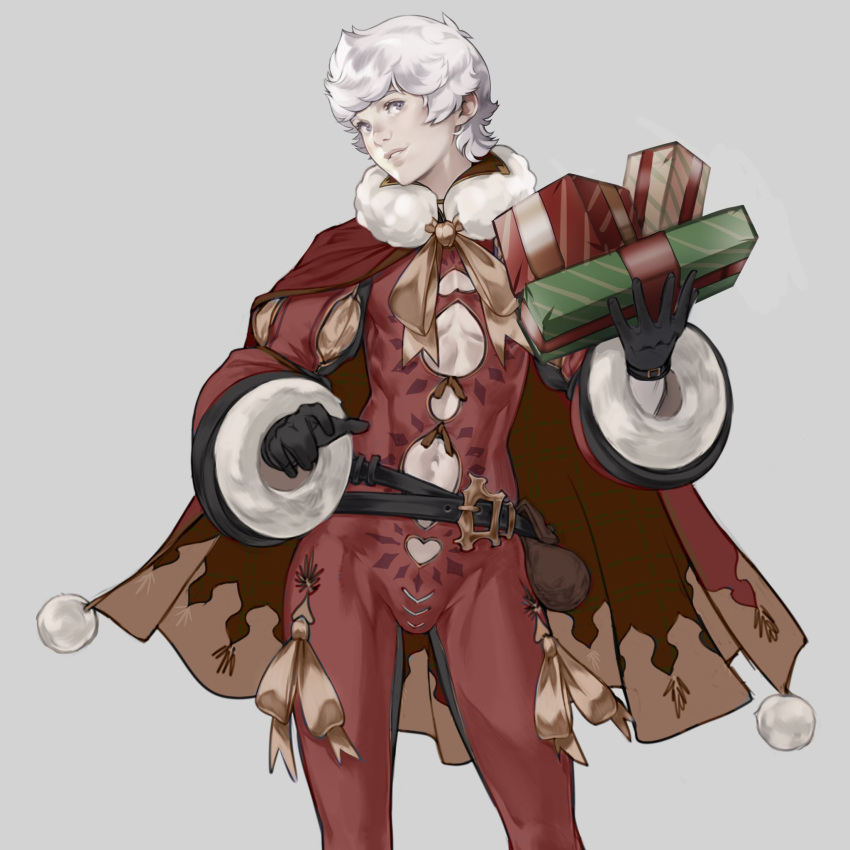 1boy abs_cutout black_gloves box cape cleavage_cutout clothing_cutout commentary dizdoodz english_commentary eyelashes gift gift_box gloves grey_background grey_eyes highres holding holding_gift long_sleeves male_focus navel navel_cutout original parted_lips puffy_sleeves red_cape ribbon santa_costume short_hair solo toned toned_male white_hair yellow_ribbon