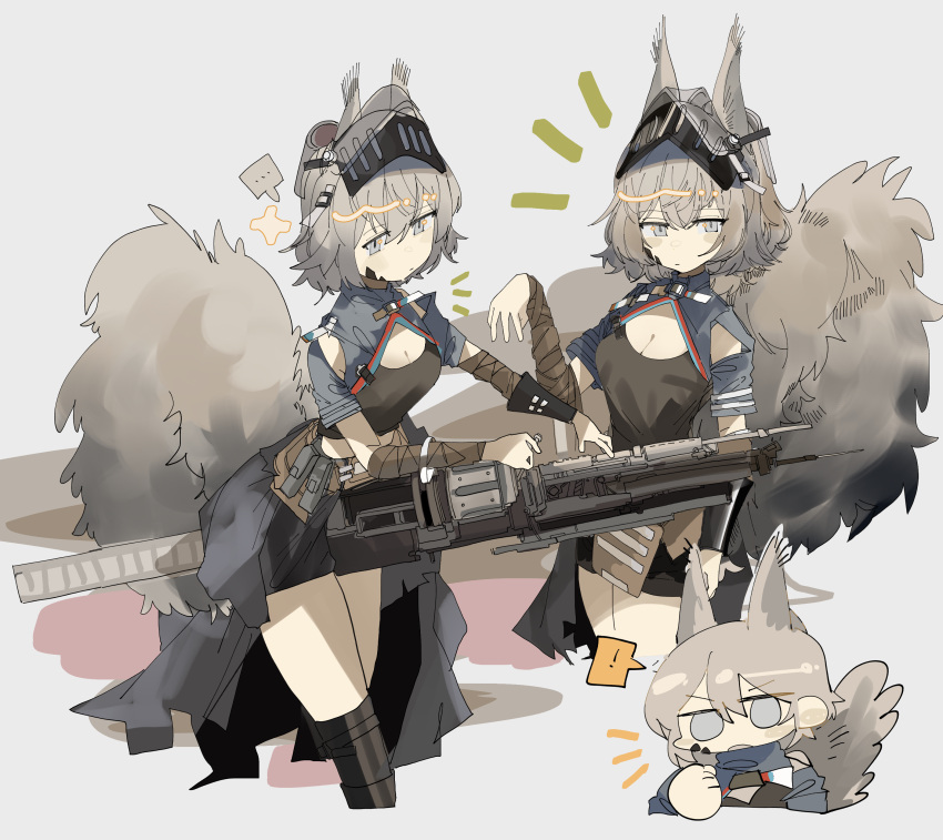 ! absurdres animal_ears arknights ashlock_(arknights) ashlock_(elite_ii)_(arknights) bandaged_arm bandages black_footwear black_shirt blue_eyes blue_jacket blush boots breasts chibi chibi_inset cleavage commentary cropped_legs cropped_torso empty_eyes female grey_background grey_hair gun highres holding holding_gun holding_weapon jacket knee_boots light_frown looking_at_viewer material_growth medium_breasts multiple_views odmised oripathy_lesion_(arknights) shirt simple_background spoken_exclamation_mark squirrel_ears squirrel_girl squirrel_tail tail unworn_armor visor_(armor) weapon