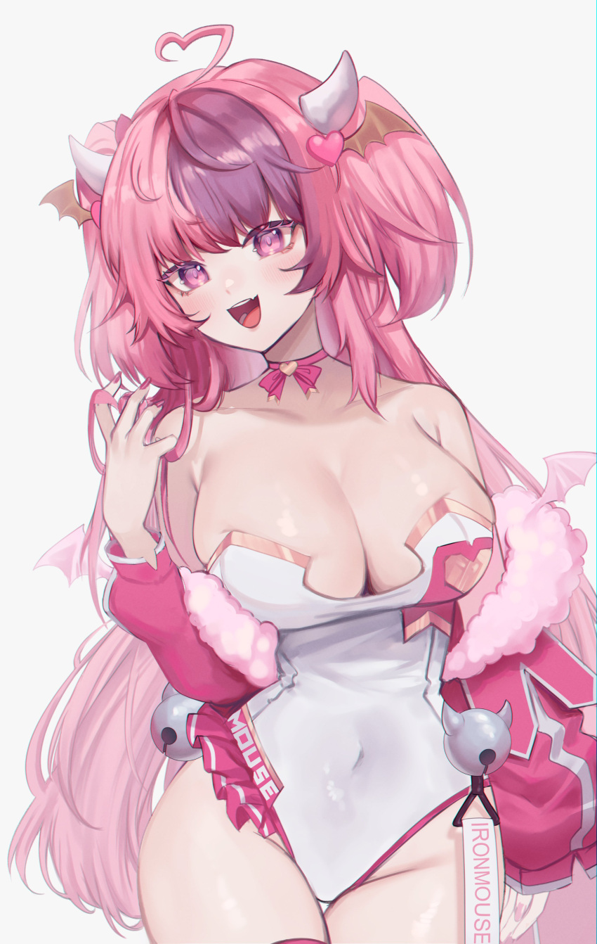 absurdres ahoge bow bow_choker breasts choker cleavage demon_girl demon_horns demon_wings female hair_ornament head_wings heart heart_ahoge heart_hair_ornament highres horns ironmouse ironmouse_(race_queen) jacket large_breasts leotard long_hair multicolored_hair nail_polish oerba_yun_fang open_mouth pink_bow pink_choker pink_hair pink_jacket pink_nails purple_eyes purple_hair race_queen skin_fang sky_above_me smile solo streaked_hair twintails very_long_hair virtual_youtuber vshojo white_leotard wings