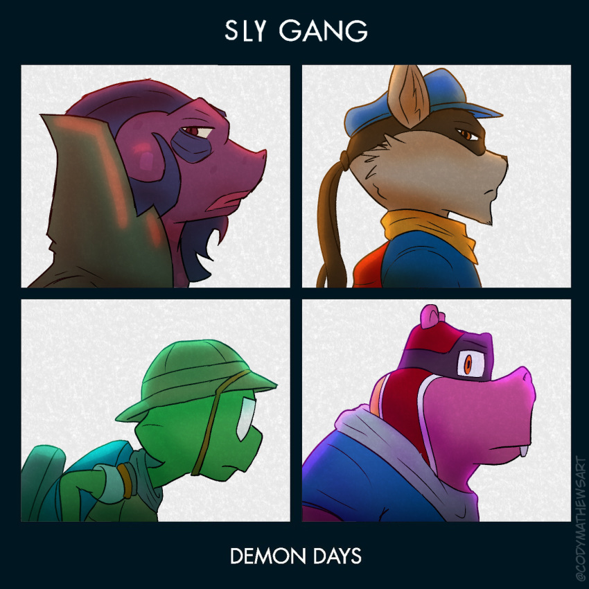 1:1 album album_cover bandana bentley bentley_turtle blue_clothing blue_shirt blue_topwear clothing codyf0xx common_hippopotamus cover demon_days dimitri_lousteau ears_up english_text eyewear fur glasses gorillaz green_body green_clothing green_face green_skin grey_body grey_ears grey_face grey_fur grey_inner_ear_fluff group hat headgear headwear hi_res hippopotamid horn inner_ear_fluff kerchief lizard looking_at_viewer male mammal mask murray_hippopotamus pink_body pink_face pink_skin procyonid raccoon red_body red_clothing red_face red_skin reptile scalie shell shirt side_view sly_cooper sly_cooper_(series) sony_corporation sony_interactive_entertainment sucker_punch_productions text topwear tuft turtle turtle_shell yellow_clothing