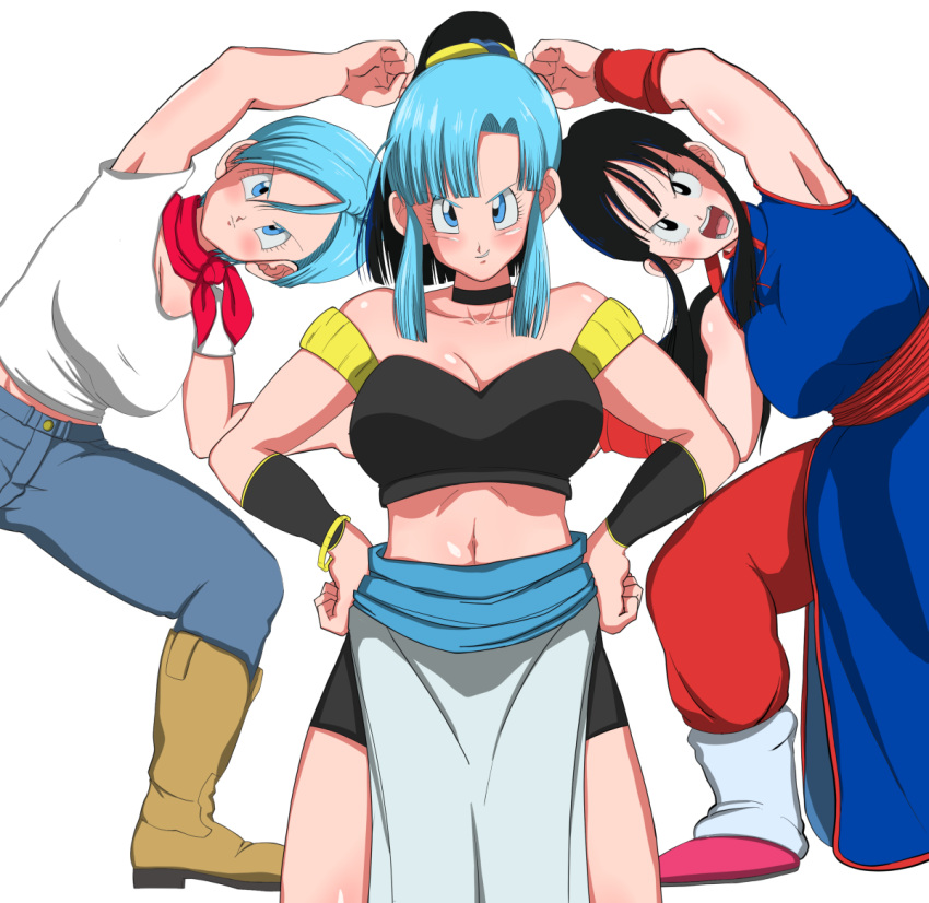 3girls bare_shoulders black_eyes black_hair blue_dress blue_eyes blue_hair blue_pants blush boots breasts bulchi bulma_briefs chi-chi_(dragon_ball) china_dress chinese_clothes cleavage code_null commentary_request dragon_ball dragon_ball_(classic) dragon_ball_super dress fusion fusion_dance hands_on_own_hips long_hair looking_at_viewer metamoran_vest midriff multiple_girls navel neckerchief open_mouth pants partial_commentary ponytail red_neckerchief red_sash red_wristband sash shirt short_hair short_sleeves sidelocks simple_background sleeveless smirk white_background white_shirt