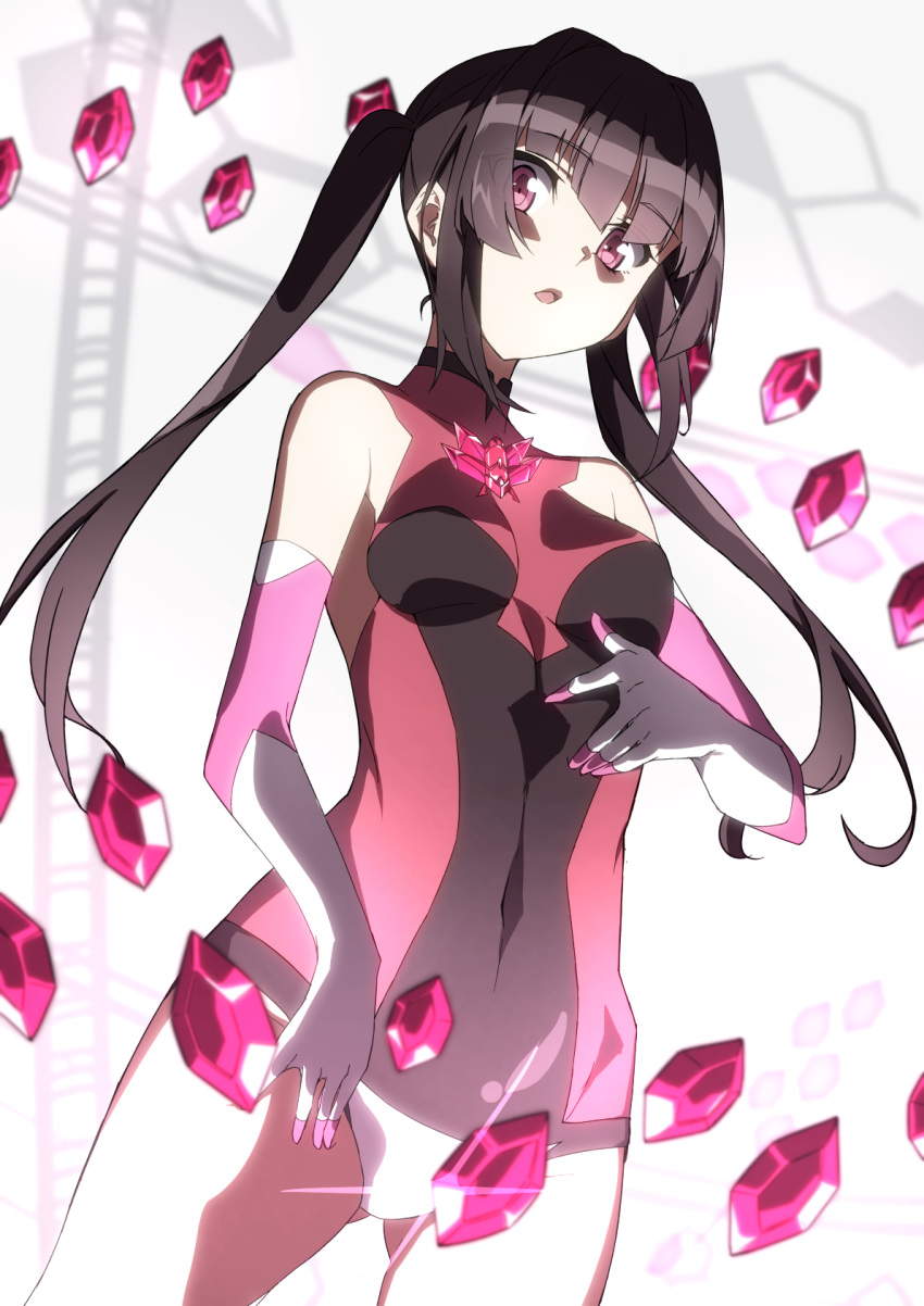 ass_visible_through_thighs bare_shoulders black_hair blunt_bangs breasts covered_navel elbow_gloves female gloves highres kagari_liroi leotard long_hair looking_at_viewer open_mouth pink_eyes pink_leotard senki_zesshou_symphogear shiny_clothes shiny_skin small_breasts solo standing tsukuyomi_shirabe twintails