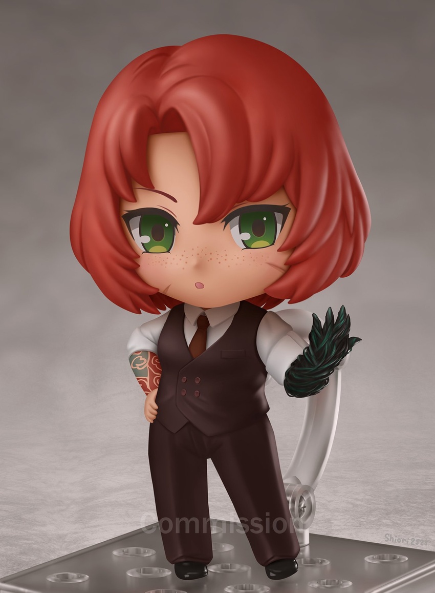 borrowed_character brown_necktie chibi commission faux_figurine female freckles full_body green_eyes highres looking_at_viewer necktie nendoroid original parted_lips red_hair shiori2525 short_hair solo tattoo