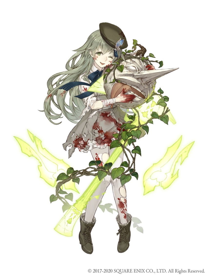 1boy ankle_boots axe bandages blood boots crazy_smile cross-laced_footwear crossdressing death dress empty_eyes energy_axe full_body green_eyes green_hair hat highres ji_no leaf long_hair long_nose looking_at_viewer male_focus official_art one_eye_closed otoko_no_ko pinocchio_(sinoalice) plant sinoalice smile solo square_enix tongue tongue_out torn_clothes torn_dress torn_legwear vines white_background yandere