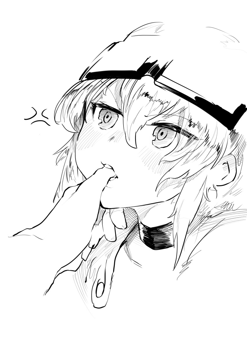 absurdres anger_vein biting biting_another's_finger blush choker female goggles goggles_on_head greyscale hair_between_eyes highres monochrome niwamaru_(niwarhythm) niwarhythm original short_hair simple_background solo_focus white_background