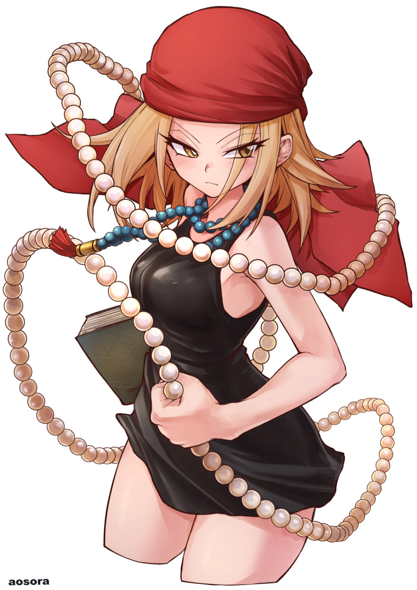 aosora2823 artist_name bandana black_dress book breasts brown_eyes closed_mouth dress female highres kyouyama_anna red_bandana shaman_king short_hair simple_background sleeveless sleeveless_dress small_breasts solo thighs white_background